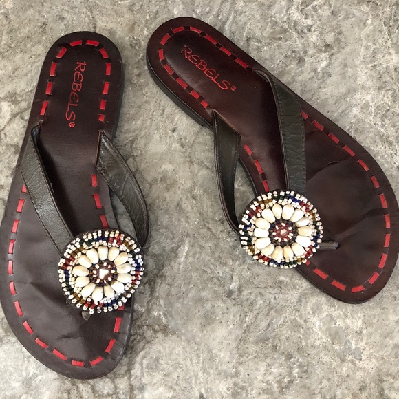 Sandals with Beautiful Beads - Circular Pattern - Brown - Size 7 - Rebels Brand - Picture 1 of 3